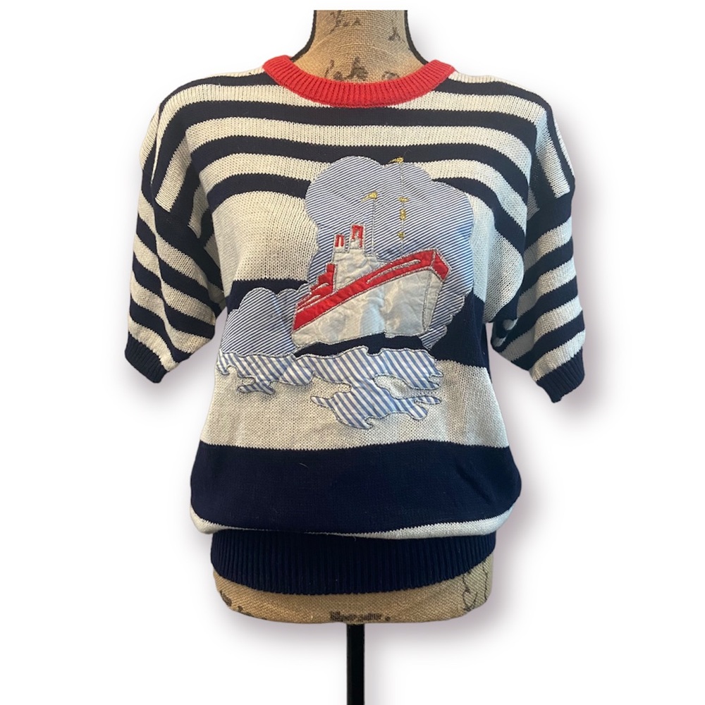 *NEW* NAOMI BEE Striped Nautical Ship Embroidered Sweater Vintage Medium NWT